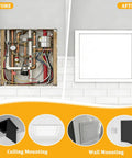 Hella Sturdy Aluminum Drywall Access Panel 16x30 Magnetic Push To Open Inspection Hatch before and after installation showing plumbing.