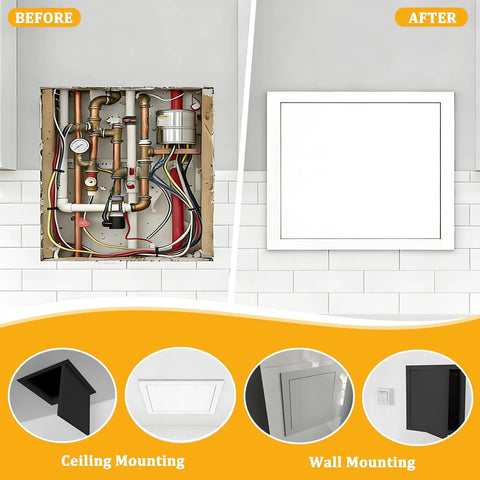 Hella Sturdy Aluminum Drywall Access Panel 16x30 Magnetic Push To Open Inspection Hatch before and after installation showing plumbing.