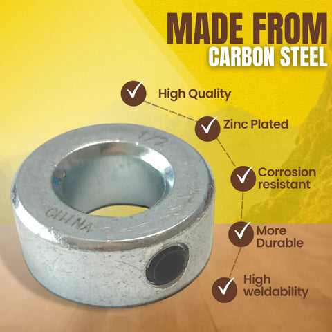 Solid steel shaft collar made from carbon steel with zinc plated finish, highlighting features like durability, corrosion resistance, and weldability.