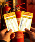 15 Pack Self Adhesive Monthly Inspection Stickers Waterproof 3 By 5 Inches Fire Extinguisher Maintenance Labels And Tags For Safety Records Quality Control And Compliance held in hand.