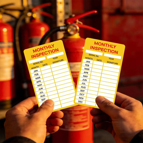 15 Pack Self Adhesive Monthly Inspection Stickers Waterproof 3 By 5 Inches Fire Extinguisher Maintenance Labels And Tags For Safety Records Quality Control And Compliance held in hand.