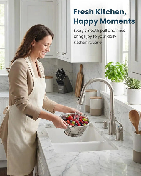 Woman using Three Hole Pull Down Kitchen Faucet With Sprayer In Brushed Nickel Stainless Steel Finish Two Hole Pull Out Kitchen Sink Faucet APS218BN