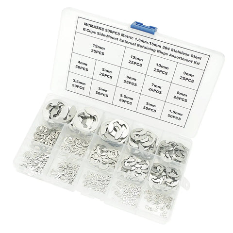 500 Piece Metric E Clips Kit In 304 Stainless Steel With 14 Sizes From 1.5mm To 15mm in a plastic box
