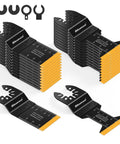 Badass Titanium Multitool Blades 22 Piece Kit Heavy Duty M42 Steel Oscillating Tool Blade Kit displayed with yellow edges and measurement markings.