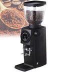Top Shelf Commercial Flat Burr Coffee Grinder Featuring Intelligent Touchscreen Interface And Real Time Grind Tracking For Rock Solid Automatic Drip Brewing Setup, showing black body and hopper with coffee beans.
