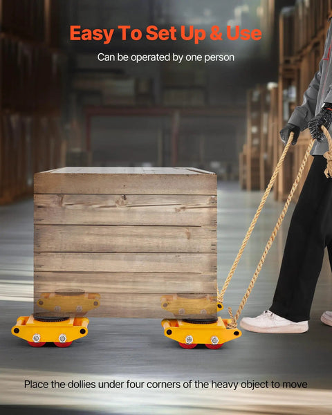 Wooden crate on Beefy 4 Pack Heavy Duty Machinery Skates Dollies for moving up to 17,637 lbs in warehouse setting