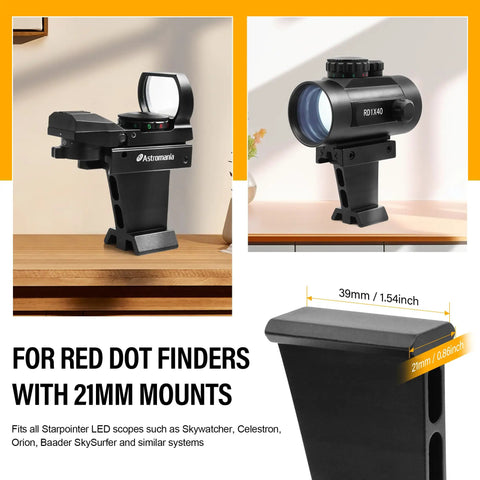 Dovetail Finder Bracket For Finderscopes And Red Dot Sights with 21mm mounts on wooden surface, Picatinny rail compatible.
