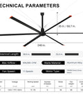 Mighty Two Hundred Forty Inch Industrial Ceiling Fan Featuring Quiet Dc Motor And Six Aluminum Blades specifications with technical details.