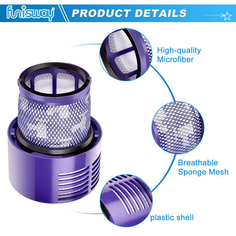 2 Pack V10 Vacuum Replacement Filters With Cleaning Brush Included Compatible With V10 Cyclone Series V10 Animal V10 Absolute V10 Total Clean SV12 Part 96908201 with detailed microfiber and mesh features