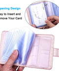 Slim RFID Blocking Card Holder Wallet Organizer Case With Magnetic Closure in vertical rose gold PU displaying card slots.