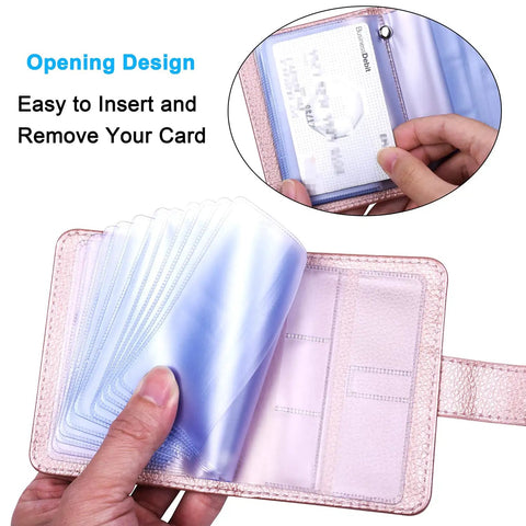 Slim RFID Blocking Card Holder Wallet Organizer Case With Magnetic Closure in vertical rose gold PU displaying card slots.