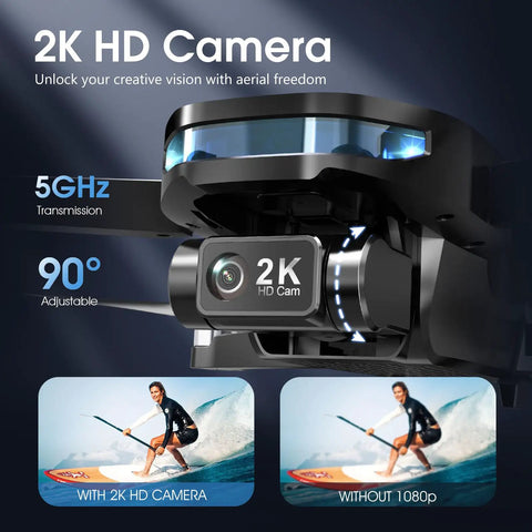 Dope 2K GPS Drone With EIS And 7.22 Inch Remote Screen camera close-up showing 2K HD Cam, 90° lens adjustable, 5GHz transmission.