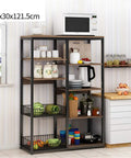 Image of Straight Up Versatile Five Tier Utility Rack, No Sweat Kitchen Storage Cart, 80x30x121cm in coffee finish with microwave.