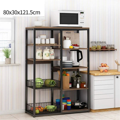 Image of Straight Up Versatile Five Tier Utility Rack, No Sweat Kitchen Storage Cart, 80x30x121cm in coffee finish with microwave.