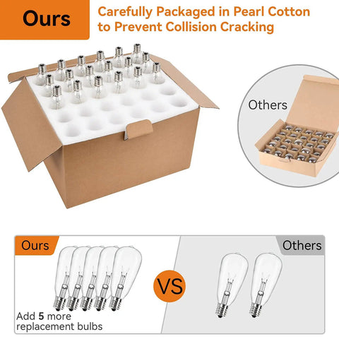 Packaging for outdoor string lights 100 ft weatherproof hanging lights with 55 vintage Edison bulbs 2700K warm amber glow UL listed
