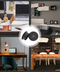 Collage showcasing 2 Pack 2 Inch Cable Grommets For Desk And Table Cable Management, installed on diverse workspaces, ABS plastic, black color.