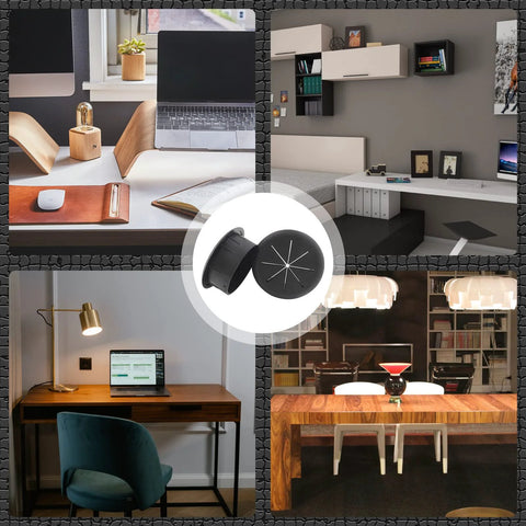 Collage showcasing 2 Pack 2 Inch Cable Grommets For Desk And Table Cable Management, installed on diverse workspaces, ABS plastic, black color.