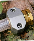 Ditch That Leaking Hose With This Super Solid Garden Hose Repair Kit Featuring Tough Aluminum Alloy Connectors Quick Release Fittings And Durable Weatherproof Adapters To Fix Your Lawn Sprinkler Setup In A Flash. Aluminum hose repair connector on clear hose outdoors