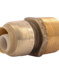 Front view of Push To Connect Brass Reducing Adapter 1/2 In X 3/4 In MNPT Fitting For PEX Copper CPVC PERT HDPE Pipes Tool Free Quick Install.