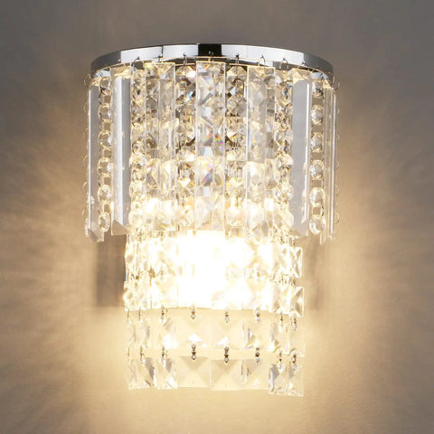Crystal Hardwired Wall Light With Chrome Finish Sconce And K9 Acrylic Crystal Drops Shade For A Dope Modern Bedroom And Living Room Lighting Setup Easy 110 To 220V USA Installation.