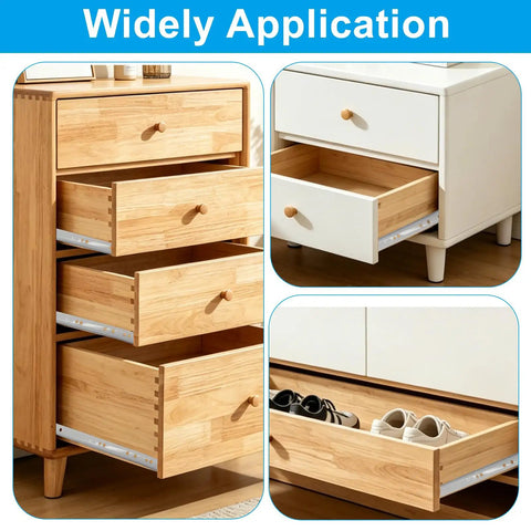 One Pair 14 Inch White Drawer Slides Heavy Duty Cold Rolled Steel Cabinet Tracks With Nylon Rollers in a wooden dresser.