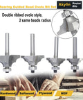 Top Shelf 4 Piece Bearing Guided Router Bit Set For Knockout Cabinet Millwork And Furniture Trimming Featuring Crisp Ovollo Profiles And Slick Double Ribbed Edges. Double ribbed ovolo style, set of four bits.
