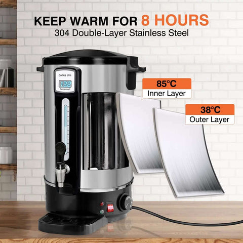 Commercial Coffee Urn 50 Cup 12L Stainless Steel Heavy Duty Coffee Maker with temperature display and double-layer design