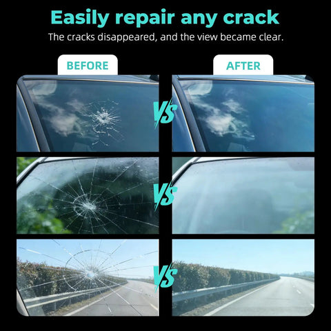 Comparison of cracked windshields before and after using All Purpose Windshield Crack Repair Kit With 5 Minute Quick Glass Liquid.