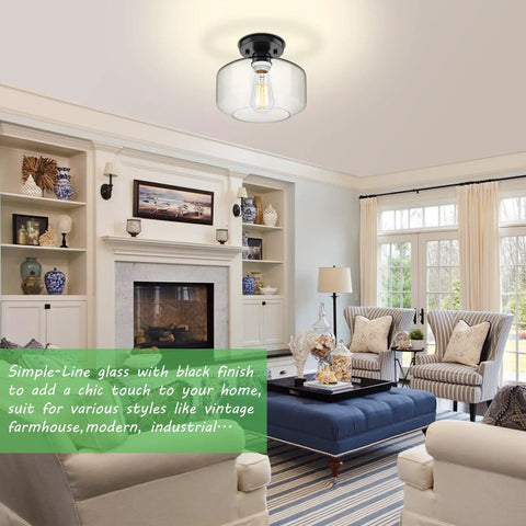 Dope Industrial Style Semi Flush Mount Ceiling Light 2 Pack With Clear Glass Shades installed in living room, farmhouse lighting