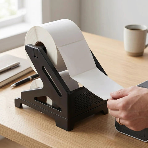 Thermal Label Holder For Rolls And Fan Fold Labels on desk with hand pulling label from stand, ideal for home office use.