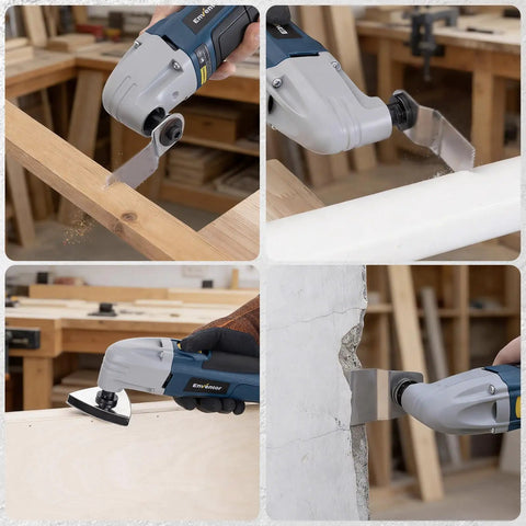 Heavy Duty Corded Oscillating Multi Tool With Universal Fit Base And 200W 1.6A Motor cutting wood and scraping drywall.