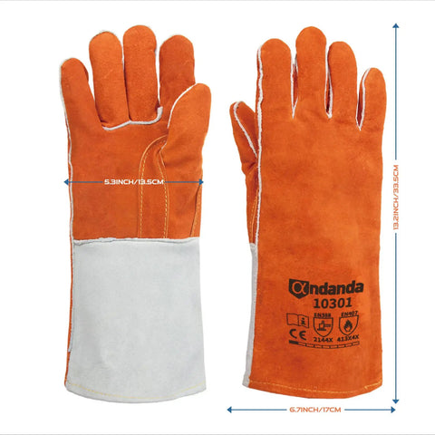 Premium 13 Inch Leather Forge Welding Gloves With Aramid Stitching And Split Leather Shell Heat Resistant Up To 212F Protects Against Flames Sparks And Spatter Large Size One Pair shown front and back