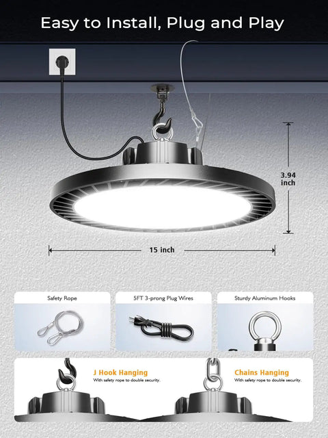 Powerful 350W UFO LED High Bay Lights 8 Pack With 52,500 Lumens, 5000K Cool White Aluminum Fixture installation diagram