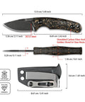 DC53 Steel Fixed Blade Knife with Rugged Shredded Carbon Fiber Handle and Kydex Sheath for EDC Outdoor Survival Camping Built Tough Razor Sharp Edge for Men Everyday Carry Ready, showing dimensions and material details.
