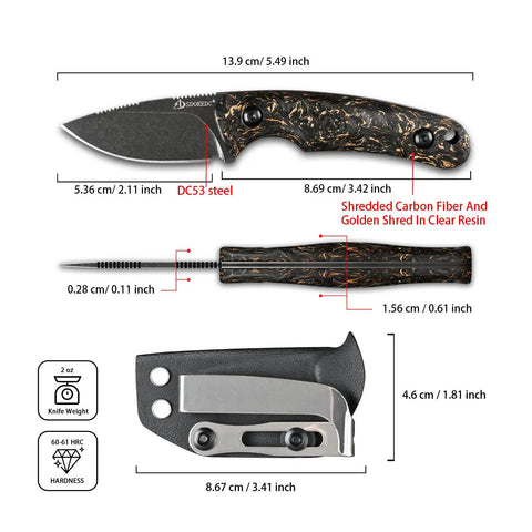 DC53 Steel Fixed Blade Knife with Rugged Shredded Carbon Fiber Handle and Kydex Sheath for EDC Outdoor Survival Camping Built Tough Razor Sharp Edge for Men Everyday Carry Ready, showing dimensions and material details.