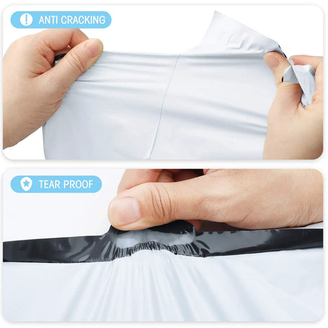 Hands testing 10x13 white poly mailers showing anti-cracking and tear-proof durability, 200 pack self sealing shipping envelopes.