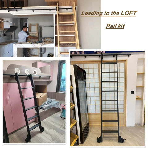 Three views of a loft rail kit with wooden ladders installed in different interiors, showcasing functional design for multi-level access.