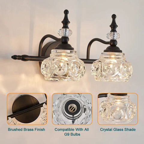2 Light Dope Vintage Crystal Vanity Lights Wall Sconces in Black Painted Finish with Thick Crystal Glass Shades