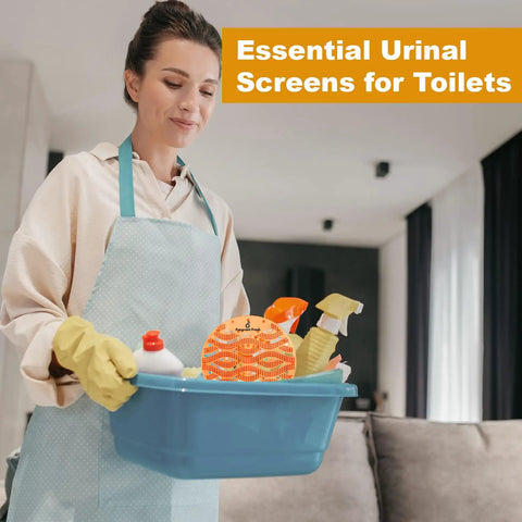 Fresh Scent Urinal Screen Deodorizer With Easy Fit Design For Odor Busting In Restrooms, Orange Scent, held by person in apron