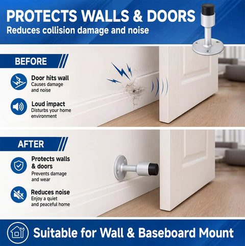 Heavy Duty Aluminum Wall Mounted Door Stop 2 Pack With Sound Dampening Rubber Bumpers shown before and after installation
