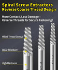 Spiral screw extractors with reverse coarse thread for secure fastening, part of 16 Piece Screw Extractor Set With Left Handed Drill Bits For Stripped Damaged Rusted Or Rounded Off Screws And Bolts No Nonsense Easy Out Bolt Remover Kit For Home Shop And Auto Repairs.