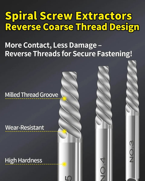 Spiral screw extractors with reverse coarse thread for secure fastening, part of 16 Piece Screw Extractor Set With Left Handed Drill Bits For Stripped Damaged Rusted Or Rounded Off Screws And Bolts No Nonsense Easy Out Bolt Remover Kit For Home Shop And Auto Repairs.