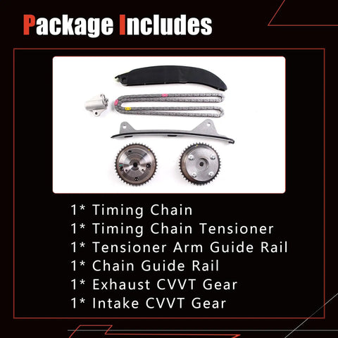 Timing Chain Kit With Intake And Exhaust CVVT Gear Sprockets For Hyundai Elantra 2014 2016 And Kia Soul 2014 2019 2.0L G4NA G4NC OE Replacement Includes Tensioners And Guides For Easy Drop-In Direct Fit package components displayed