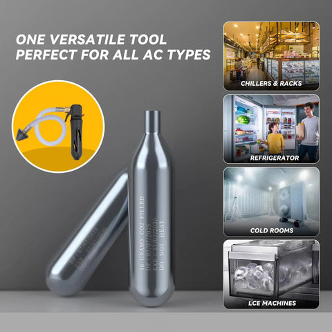 No Sweat AC Drain Line Cleaner Kit Packed With Six Unthreaded CO2 Cartridges And A Flexible Hose To Quickly Clear Tough HVAC Condensate Blockages Pure DIY Magic with CO2 cartridges and hose.