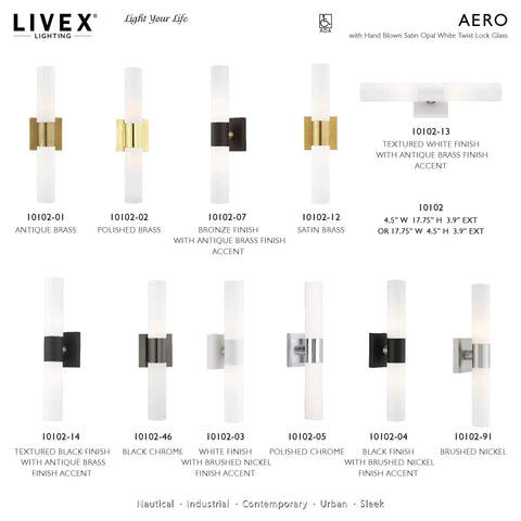 Aero ADA Bath Vanity Light Bar, 2 Light, Antique Brass Finish, Modern Tubular Opal Glass Diffusion display options.