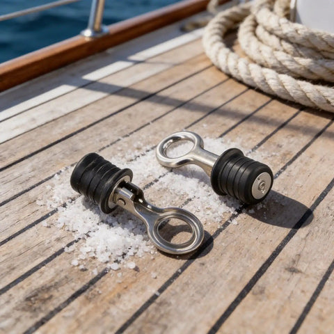 Two 1-1/4 Inch Drainage Outlet Seals with stainless steel body and rubber core on a boat deck, shown in a marine environment.