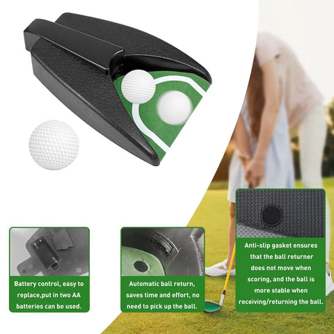 Automatic Golf Ball Return Putting Unit For Indoor Practice Battery Powered Golf Hole with non-slip base and easy setup details