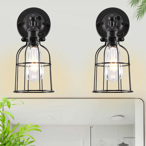 Industrial Edison Style Wire Cage Wall Sconce with Black Finish On Off Rotary Switch and E26 Socket 1 Light Vintage Rustic Lighting