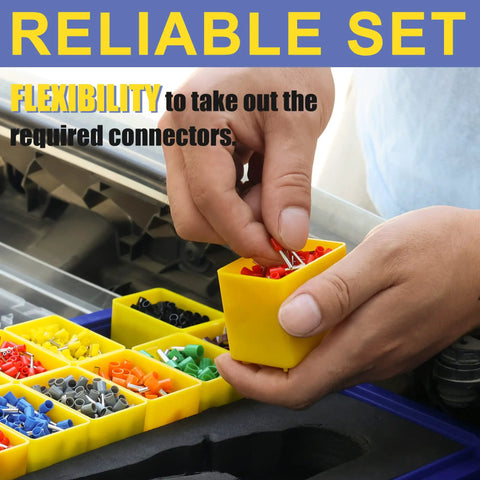 Hand picking ferrules from Ferrule Crimping Tool Kit With Wire Stripper, 2500 Pcs Ferrule Terminals, AWG 23-7 And AWG 22-7 End Terminals.