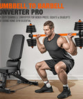 Man using Dumbbell To Barbell Converter For Your Home Gym Turn Dumbbells Into A Barbell Set Weight Bar For Bench Presses Squats Hip Thrusts Deadlifts And Versatile Strength Training Gear in home gym